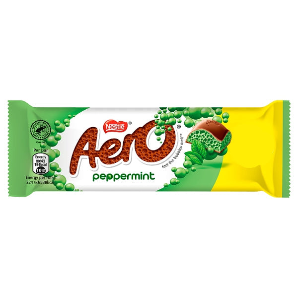 A Aero Peppermint Chocolate Bar packaging with green and white color theme.