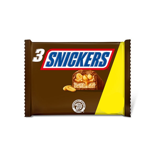 A multipack of three Snickers chocolate bars, showing the bars with caramel, nougat, peanuts, and milk chocolate layers.