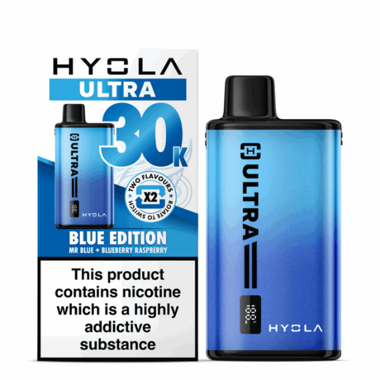 Blue HYCOLA Ultra vape device with packaging on a white background