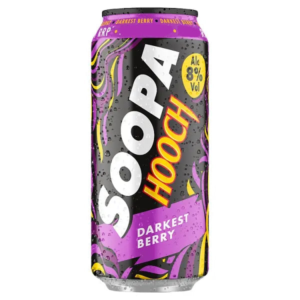 Can of Soopa Hooch Darkest Berry ale on a white background
