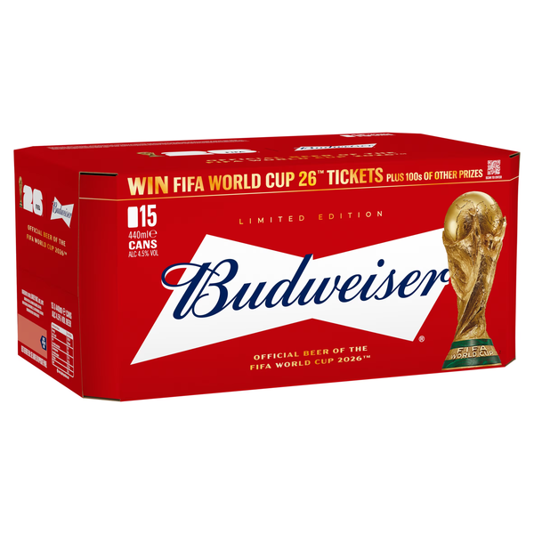 Budweiser packaging for FIFA World Cup 2026 with a red background