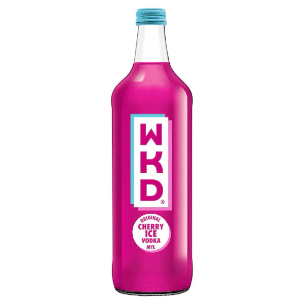 Pink bottle of WKD Cherry Ice Vodka Mix on a white background