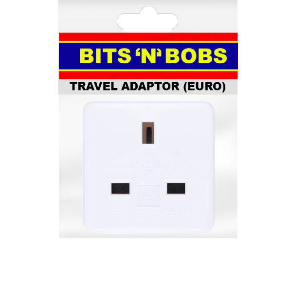 Travel adapter in packaging with 'Bits 'N' Bobs' branding