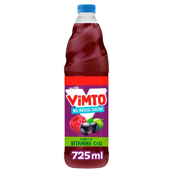 Vimto bottle with a red label on a white background