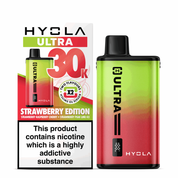 Hycola Ultra vape device and packaging with strawberry flavor on a white background